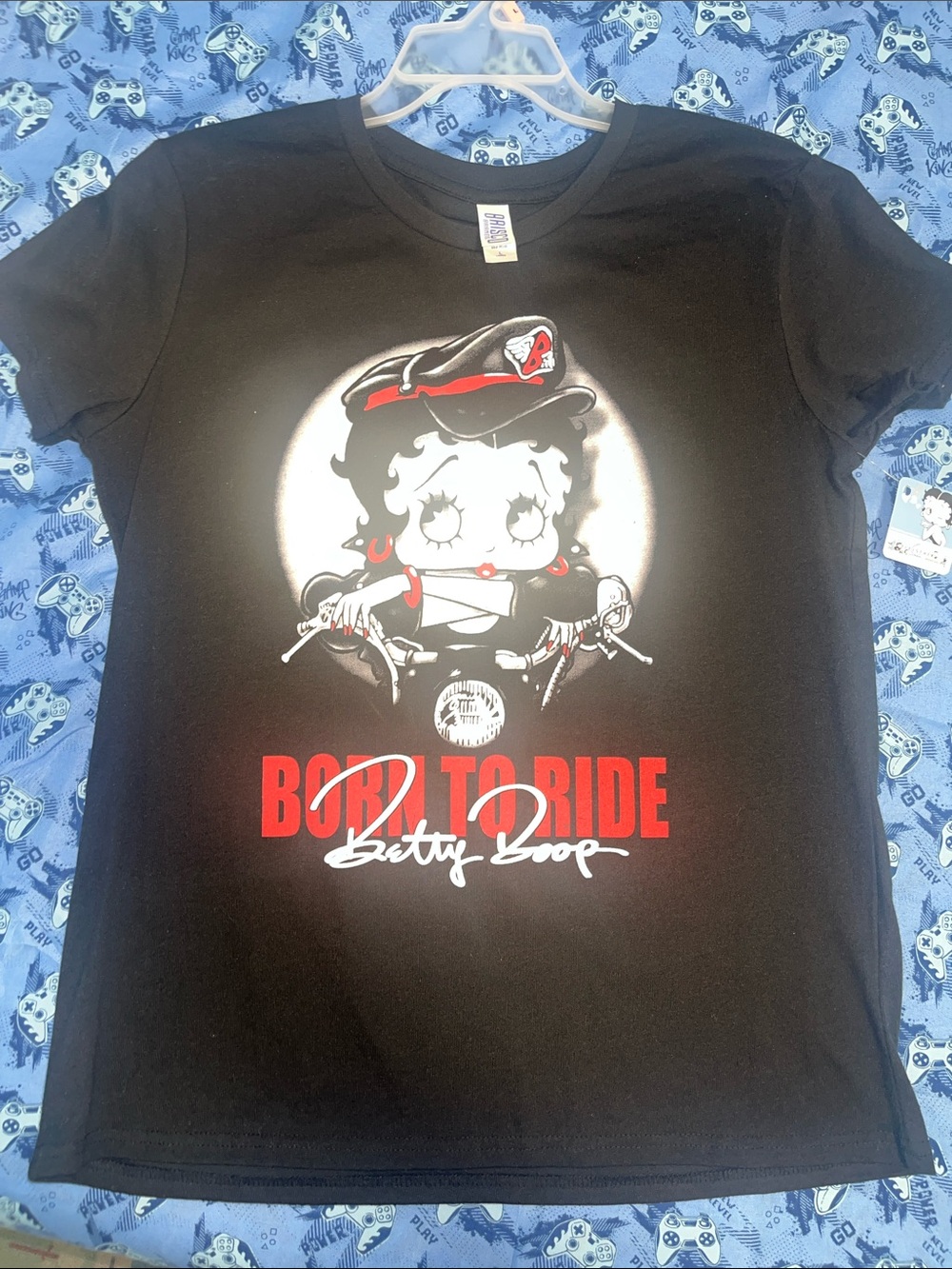 Betty Boop Black Tee with Red and White "Born to Ride" Graphic
